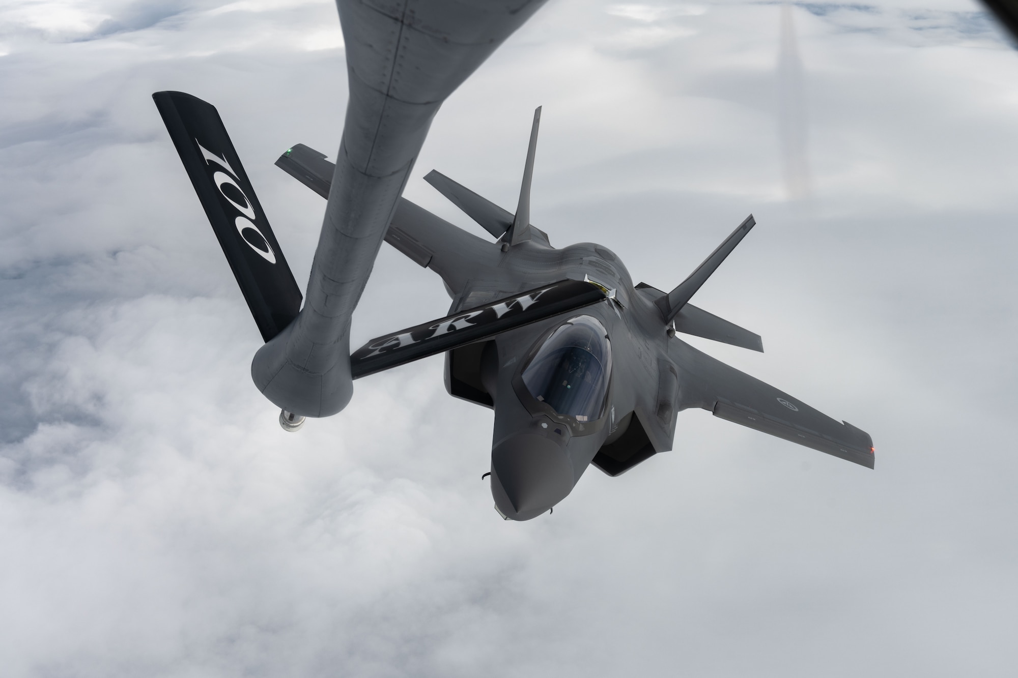 A Royal Norwegian Air Force F-35 Lightning II approaches a KC-135 Stratotanker from the 100th Air Refueling Wing, RAF Mildenhall, for fuel over Norway Sept. 3, 2025. The U.S. partnered with Norwegian Allies to test next-generation precision maritime strike capabilities. The KC-135s also played a critical role in the strike, supporting U.S. Air Force B-2 Spirit and Norwegian F-35s journey to and from the region. (U.S. Air Force Photo by Tech. Sgt. Jesenia Landaverde)