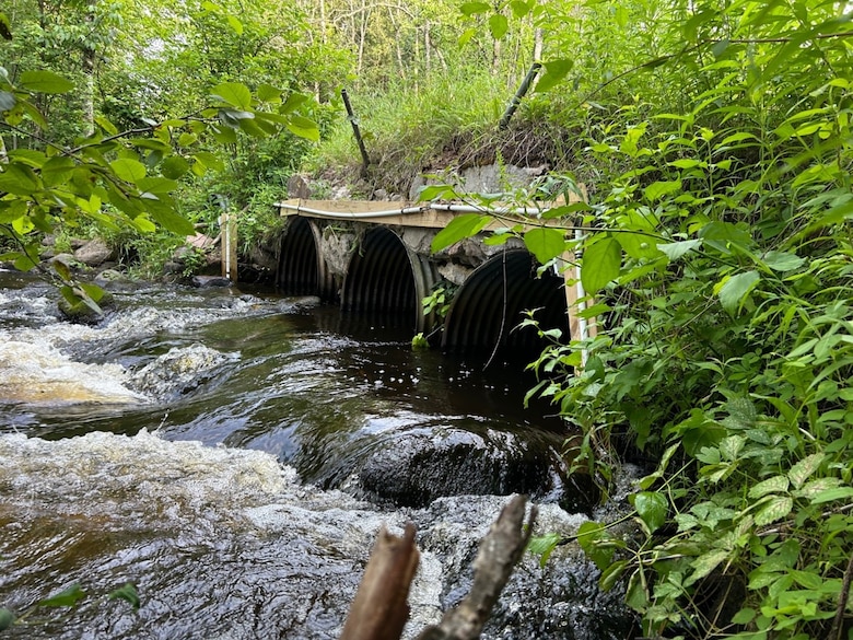 River water flows through a culvert surrounded by green foliage.