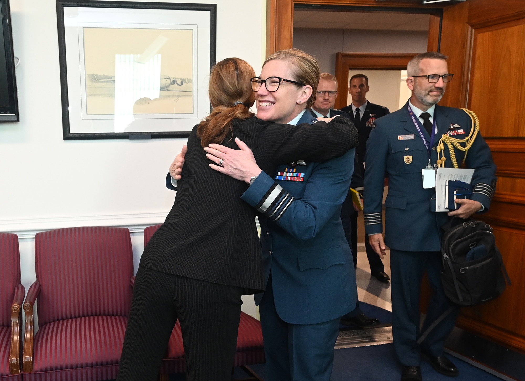 Deputy Under Secretary of the Air Force for International Affairs Kelli Seybolt hosts an office call in honor of Royal Canadian Air Force Commander Lt. Gen. Jamie Speiser-Blanchet in the Pentagon, Arlington, Va., Sept 4, 2025. (U.S. Air Force photo by Andy Morataya)