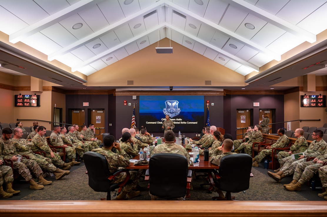 U.S. Air Force Chief Master Sgt. Shawn Aiello, Air Force Global Strike Command Command Chief, speaks to newly selected senior non-commissioned officers during the Striker SNCO preparation course at Barksdale Air Force Base, Louisiana, Sept. 2, 2025. SNCOs attend the course to understand their strategic role as a member of AFGSC and transition from first-line supervisors to a leader of leaders. (U.S. Air Force photo by Airman 1st Class Devyn Taylor)