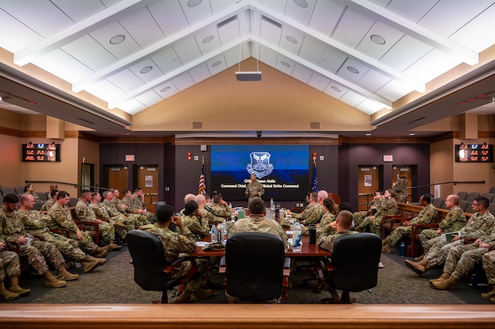 U.S. Air Force Chief Master Sgt. Shawn Aiello, Air Force Global Strike Command Command Chief, speaks to newly selected senior non-commissioned officers during the Striker SNCO preparation course at Barksdale Air Force Base, Louisiana, Sept. 2, 2025. SNCOs attend the course to understand their strategic role as a member of AFGSC and transition from first-line supervisors to a leader of leaders. (U.S. Air Force photo by Airman 1st Class Devyn Taylor)