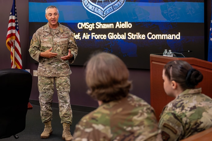 U.S. Air Force Chief Master Sgt. Shawn Aiello, Air Force Global Strike Command Command Chief, speaks to newly selected senior non-commissioned officers during the Striker SNCO preparation course at Barksdale Air Force Base, Louisiana, Sept. 2, 2025. Aiello spoke about the importance of becoming a SNCO and how effective and strategic leaders are critical to the success of the AFGSC mission. (U.S. Air Force photo by Airman 1st Class Devyn Taylor)
