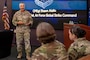 U.S. Air Force Chief Master Sgt. Shawn Aiello, Air Force Global Strike Command Command Chief, speaks to newly selected senior non-commissioned officers during the Striker SNCO preparation course at Barksdale Air Force Base, Louisiana, Sept. 2, 2025. Aiello spoke about the importance of becoming a SNCO and how effective and strategic leaders are critical to the success of the AFGSC mission. (U.S. Air Force photo by Airman 1st Class Devyn Taylor)