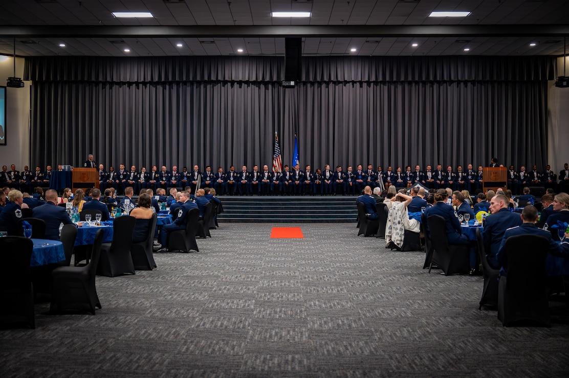 U.S. Air Force Airmen assigned to Air Force Global Strike Command, Eighth Air Force, and 2nd Bomb Wing take a group photo during the Senior Noncommissioned Officer Induction Ceremony at Barksdale Air Force Base, Louisiana, Sept. 4, 2025. The SNCO Induction Ceremony celebrated and welcomed over 50 newly selected SNCOS into the highest tier of enlisted Airmen. (U.S. Air Force photo by Airman 1st Class Devyn Taylor)