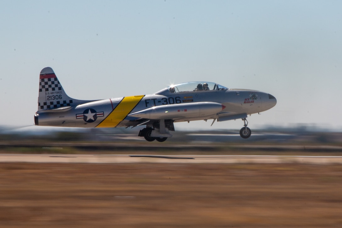 A T-33 Shooting Star takes off from the flight line during the 2024 Marine Corps Air Station Miramar Airshow in San Diego, Sept. 28, 2024.