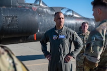 U.S. Air Force Gen. Adrian Spain, commander of Air Combat Command (ACC) is briefed by Senior Airman Benas Jonikas, 9th Aircraft Maintenance Squadron U-2 assistant dedicated crew chief, during a visit to Beale Air Base, California, Sept. 5th, 2025. Spain visited various units of the 9th Reconnaissance Wing to deepen his understanding of the critical role the wing plays to advance ACC’s mission by providing high altitude reconnaissance, mission ready airmen, and combat ammunition expertise to combatant commands, while integrating resilient installation services. (U.S. Air Force photo by Airman 1st Class Chelsea Arana)