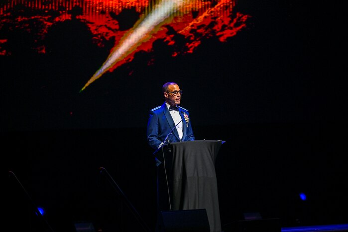 U.S. Air Force Gen. Adrian Spain, commander of Air Combat Command (ACC) gives a speech at the 2025 Beale Air Force Ball at the Hard Rock Hotel and Casino, Wheatland, California, Sept. 5, 2025. This year’s ball was hosted by the 9th Reconnaissance Wing and commemorated the Air Force’s 78th birthday and served as a tribute to honor the legacy, achievements and milestones of the Air Force since its founding. (U.S. Air Force photo by Senior Airman Alexis Pentzer)
