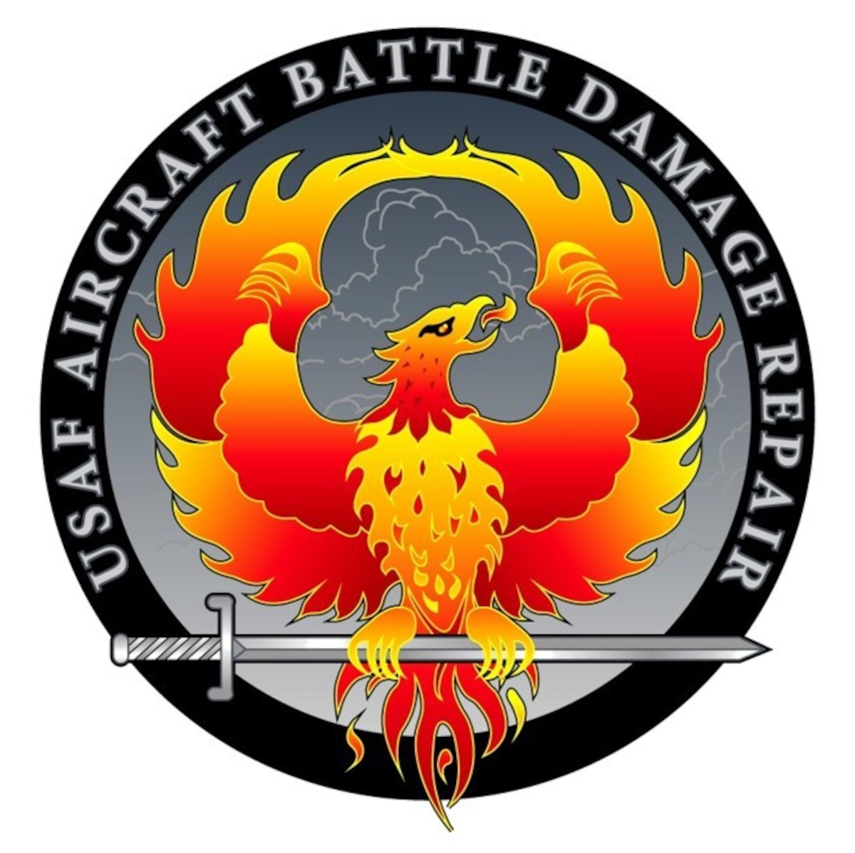 Emblem consisting of phoenix composed of fire holding a sword