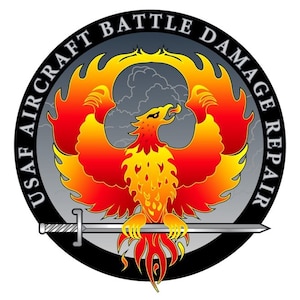 Emblem consisting of phoenix composed of fire holding a sword