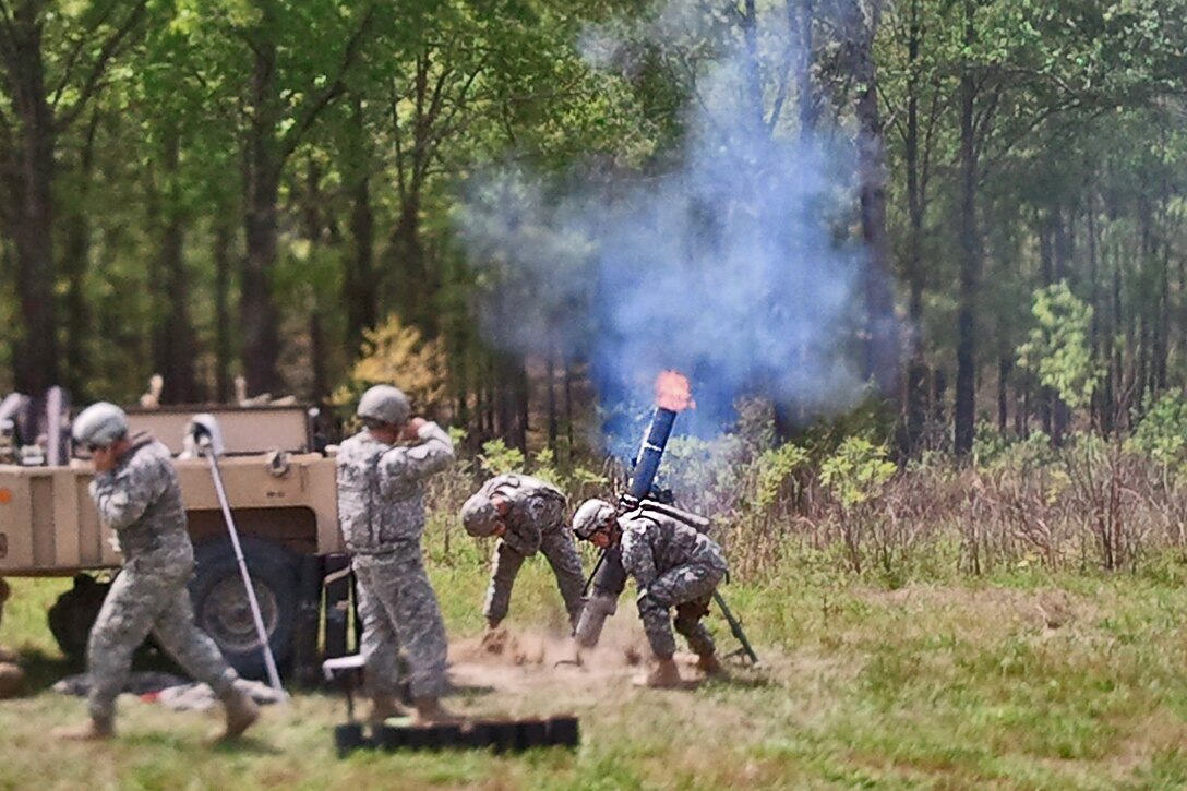 Soldiers conduct live mortar fire exercise with the mortar section from Bravo Troop, 5th Squadron, 73rd Cavalry Regiment at Fort Pickett, Virginia in 2012.