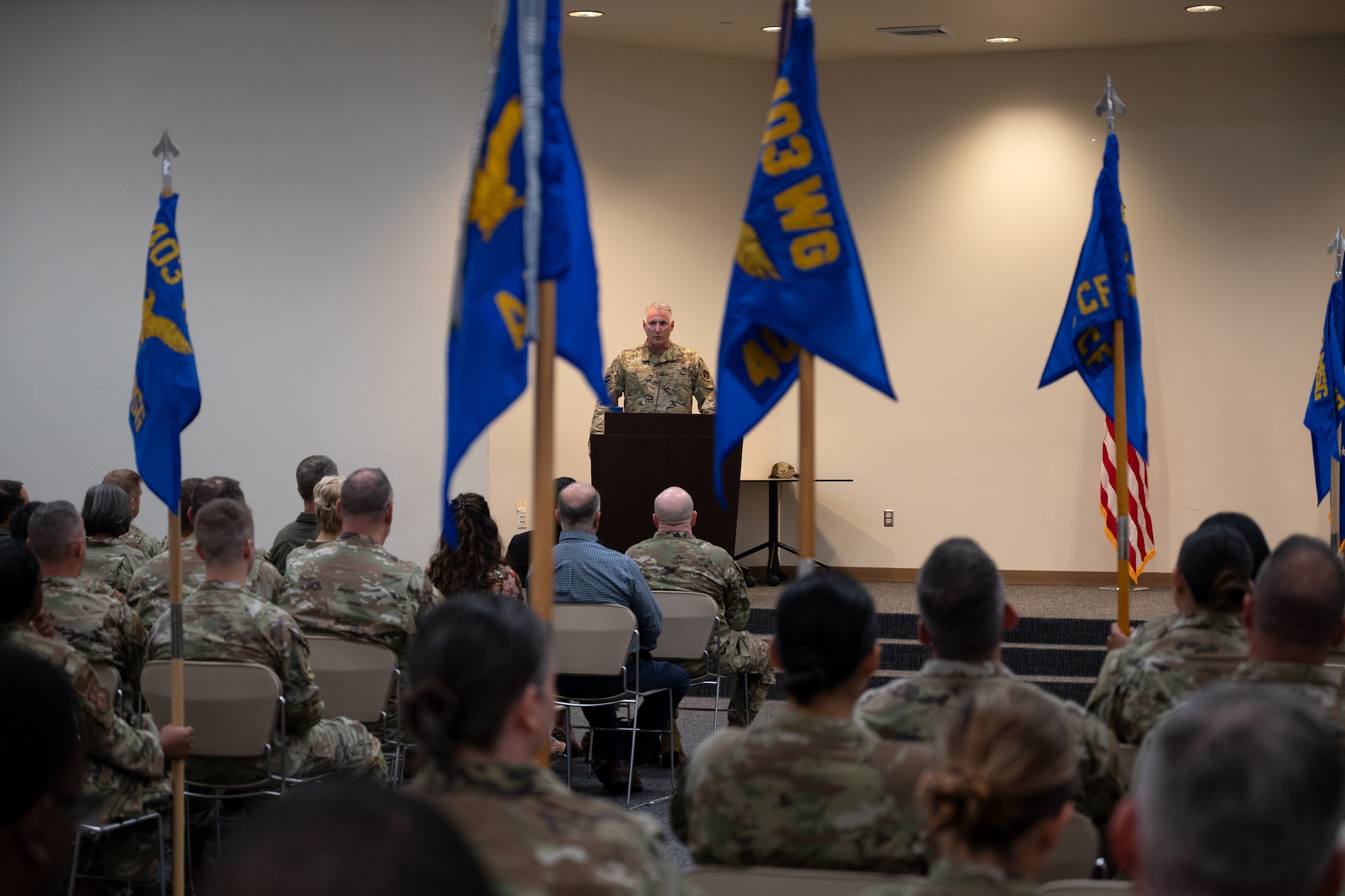 Chief Master Sgt. Tige “Tiger” Platt, 403rd Wing command chief, addresses wing members during the unit’s first-ever Change of Responsibility ceremony.