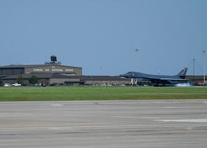A B-1B Lancer performs a touch and go at McConnell Air Force Base, Kansas, Sept. 9, 2025. Wichita State University’s National Institute for Aviation Research (NIAR) will be working on the plane to repair its Forward Intermediate Fuselage (FIF). (U.S. Air Force photo by Senior Airman Paige Weldon)