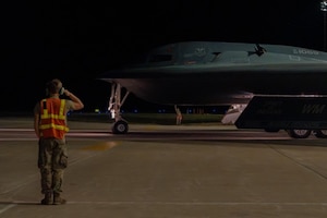 A B-2 Spirit aircraft carrying Joint Direct Attack Munitions taxis on the flight line at Whiteman Air Force Base, Missouri, Sept. 2, 2025. JDAMs were used for an Air Force Research Laboratory QUICKSINK Joint Capability Technology Demonstration in the High North, in collaboration with Norwegian Allies, where the precision-guided munitions validated maritime strike capabilities. (U.S. Air Force photo by Senior Airman Robert E. Hicks)