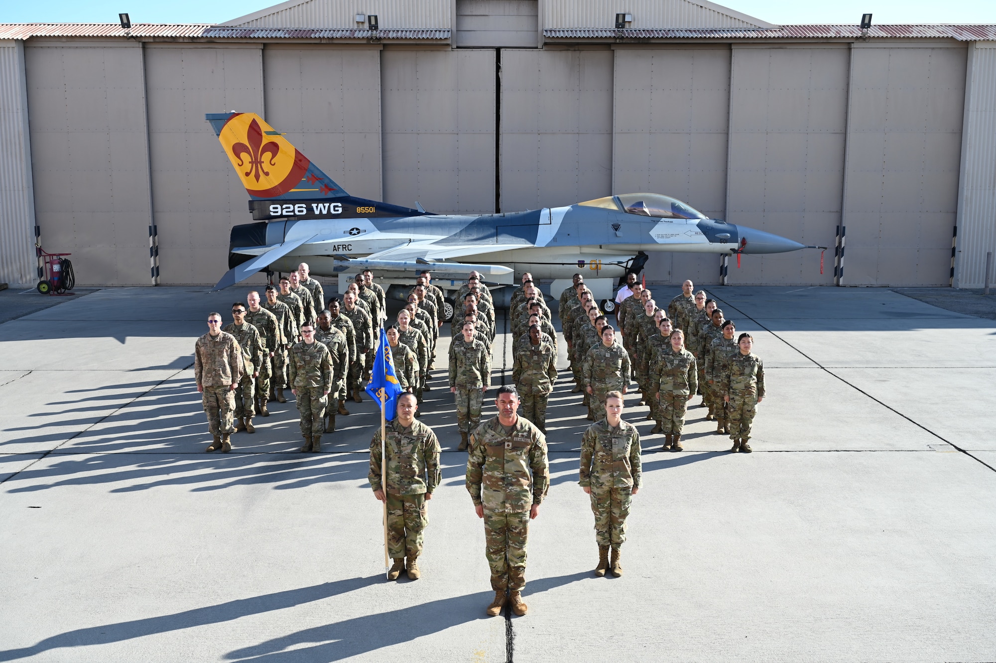 U.S. Air Force Maj. Kalaeone Needham, 926th Force Support Squadron commander, takes command of the 926th FSS at an assumption of command ceremony at Nellis Air Force Base, Nevada, Sept. 6, 2025.