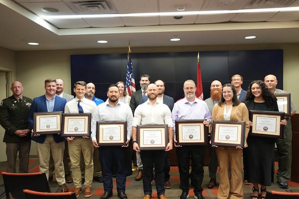 NASHVILLE, Tenn. (Sept. 4, 2025) — Leadership Development Program students stand together holding their certificates after completing Level I during a ceremony at district headquarters in Nashville, Tenn. (USACE photo by Noe Gonzalez)