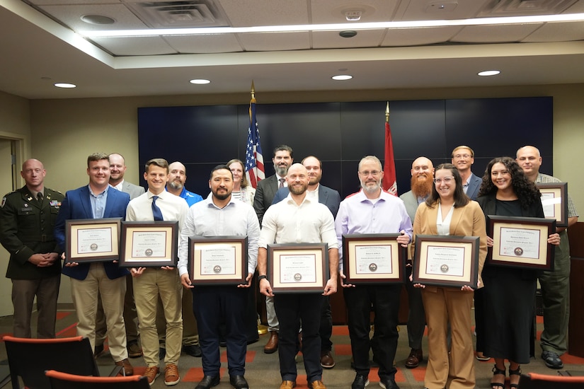 NASHVILLE, Tenn. (Sept. 4, 2025) — Leadership Development Program students stand together holding their certificates after completing Level I during a ceremony at district headquarters in Nashville, Tenn. (USACE photo by Noe Gonzalez)