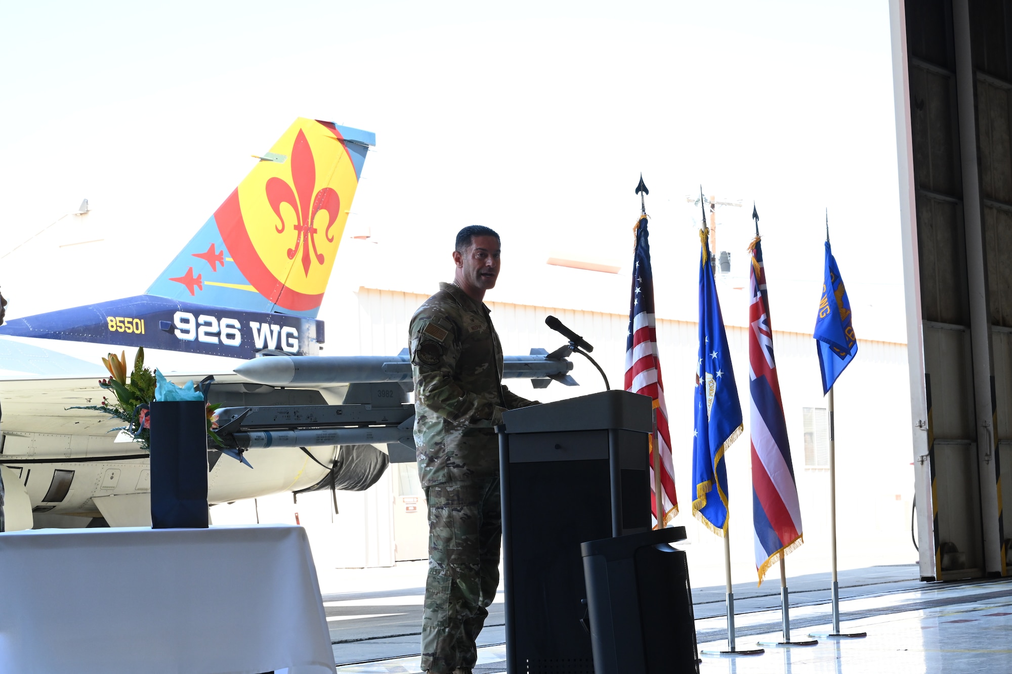 U.S. Air Force Maj. Kalaeone Needham, 926th Force Support Squadron commander, takes command of the 926th FSS at an assumption of command ceremony at Nellis Air Force Base, Nevada, Sept. 6, 2025.