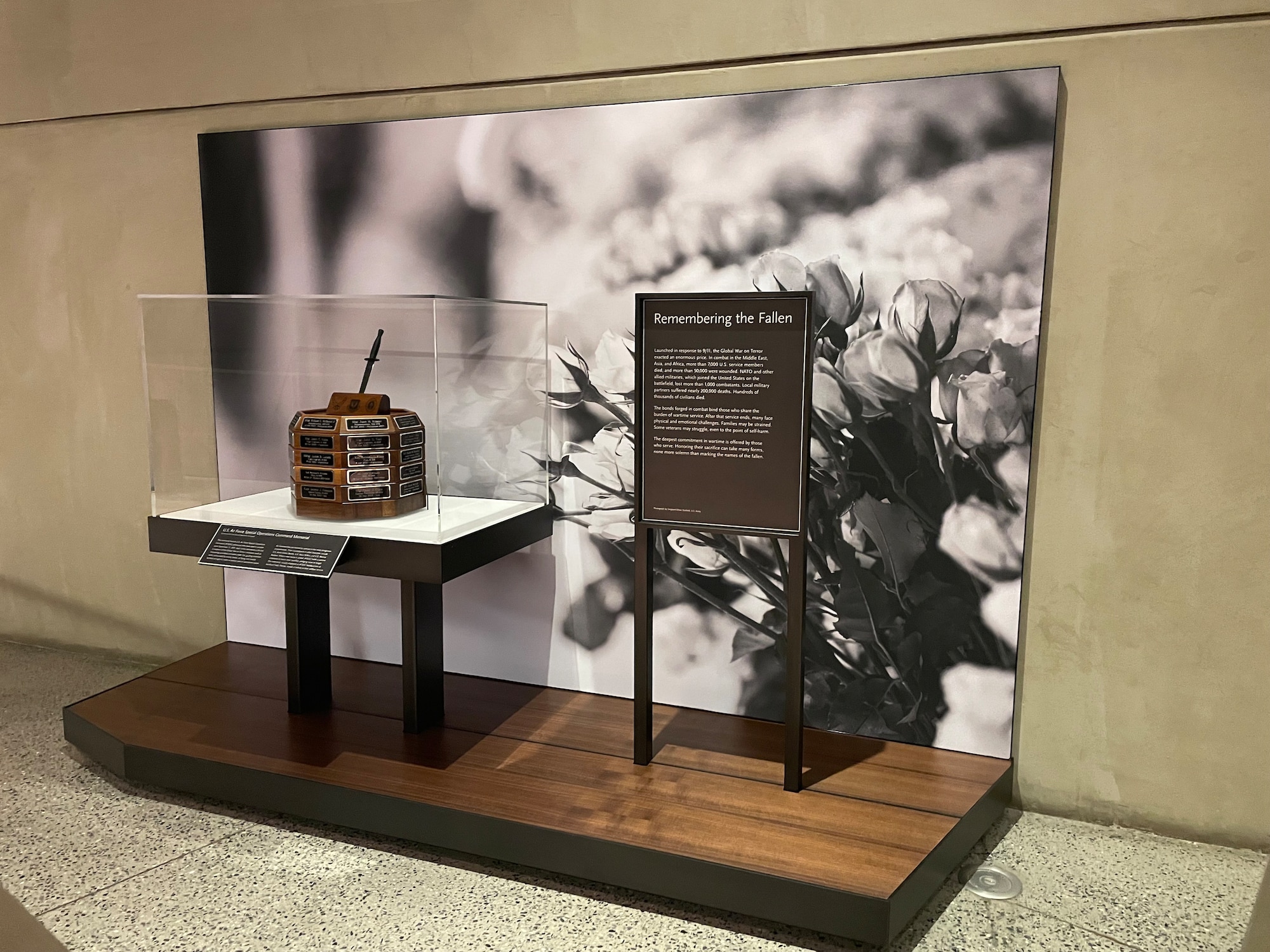 AFSOC loaned the memorial to the 9/11 Memorial and Museum to honor the members from the command who have died in combat since 9/11 and offers visitors a closer look at the sacrifices military members and their families have made in response to the 9/11 attacks.