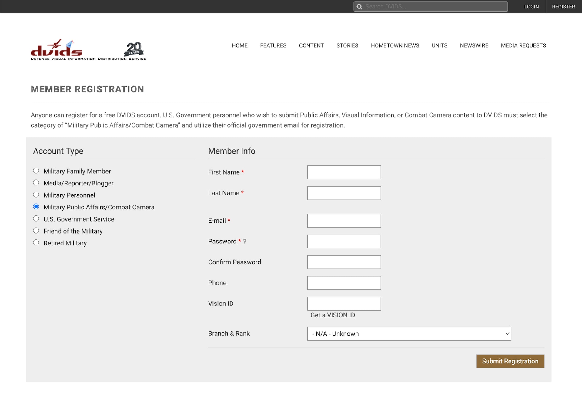 Screenshot of DVIDS member registration page.