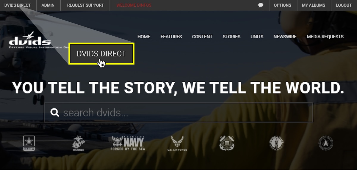 Screenshot of DVIDS account landing page with DVIDS Direct tab highlighted.