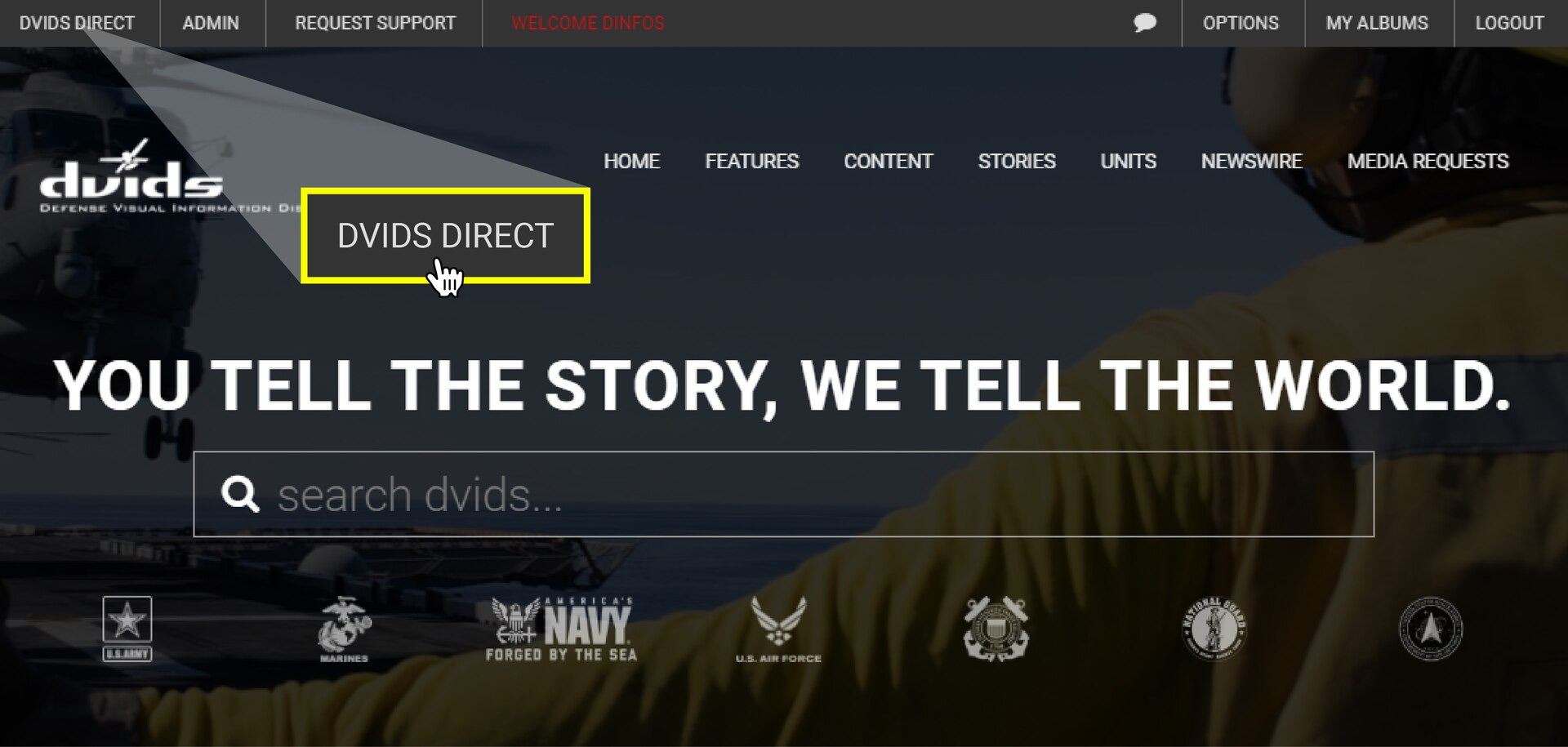 Screenshot of DVIDS account landing page with DVIDS Direct tab highlighted.