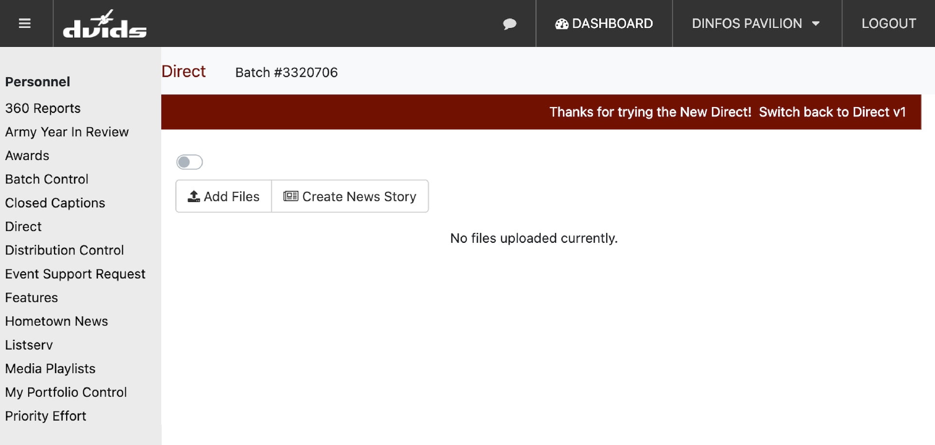 Screenshot of DVIDS file upload page.