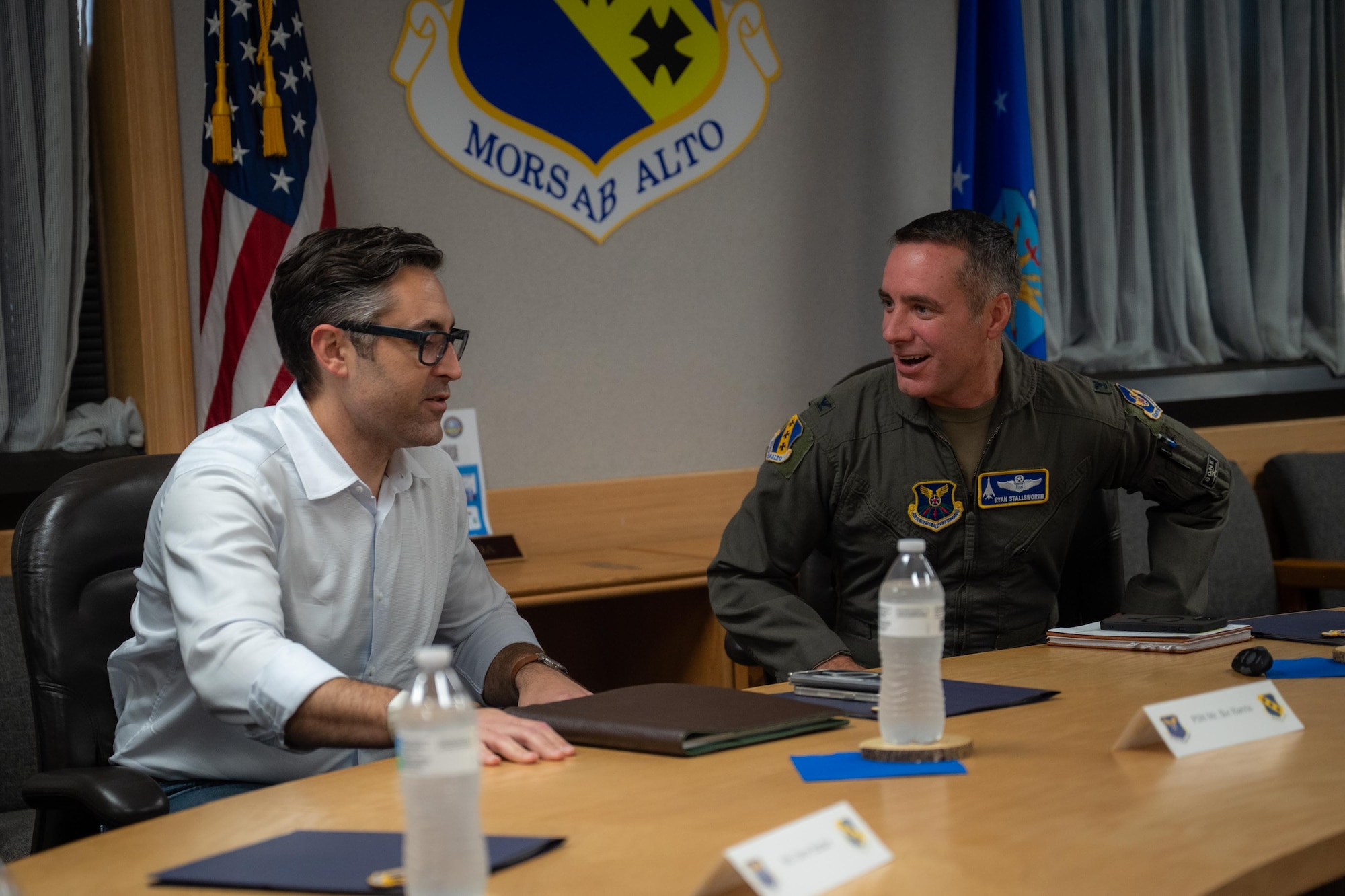 U.S. Air Force Col. Ryan Stallsworth, 7th Bomb Wing deputy commander, speaks with Isaac Harris, House China Select Committee Senior Professional Staff Member, during a base tour at Dyess Air Force Base, Texas, Aug. 27, 2025. Professional Staff Members or PSMs are career staff hired by congressional committees to research, draft legislation, conduct oversight, and advise members. (U.S. Air Force photos by Airman 1st Class Adrien Tran)