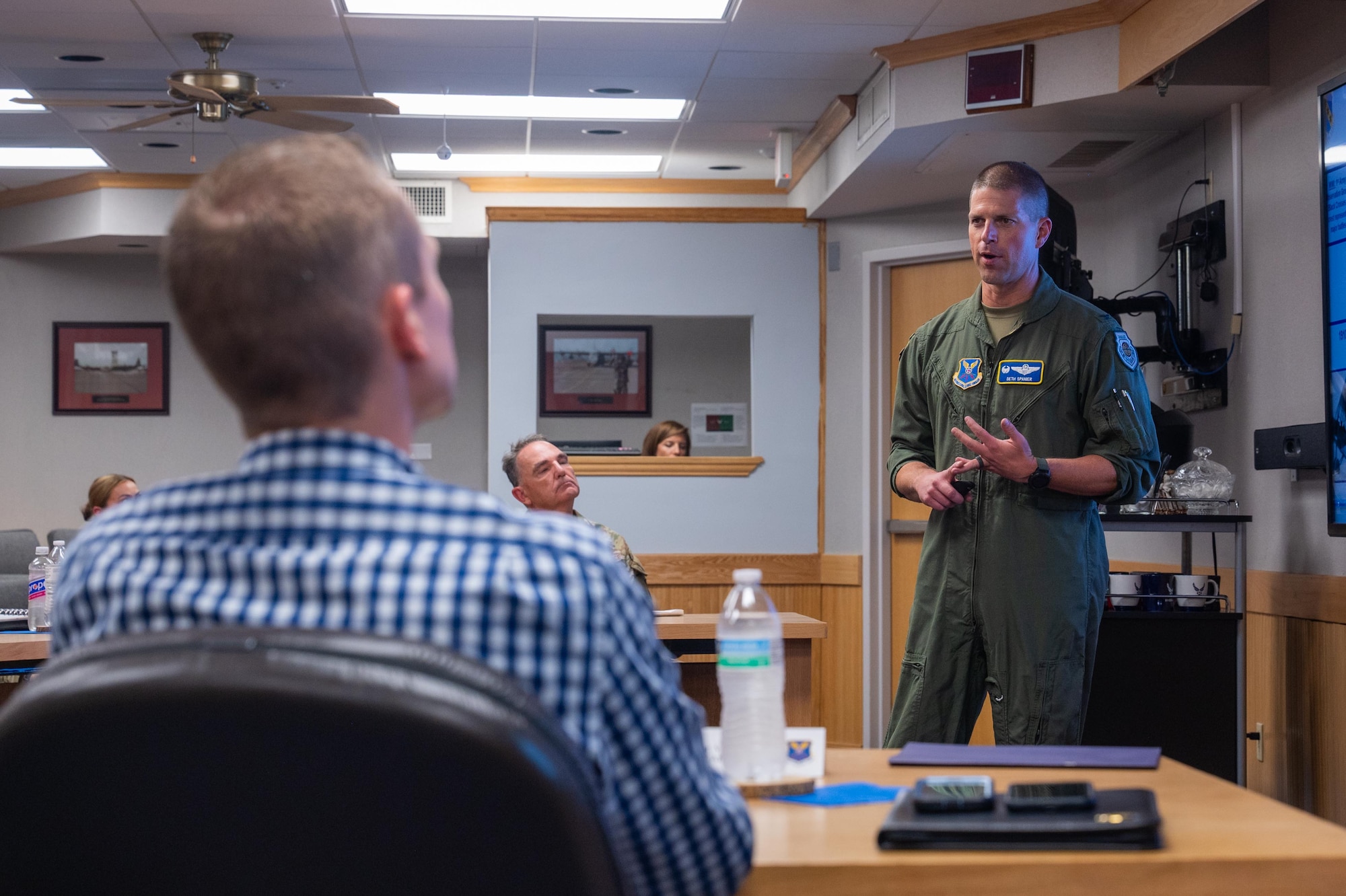 U.S. Air Force Col. Seth Spanier, 7th Bomb Wing commander, provides a mission brief Professional Staff Members from the House China Select Committee during a base tour at Dyess Air Force Base, Texas, Aug. 27, 2025. The mission brief highlighted the B-1B Lancer’s ability to deliver credible and decisive combat power to combatant commanders for employment worldwide. (U.S. Air Force photo by Airman 1st Class Adrien Tran)