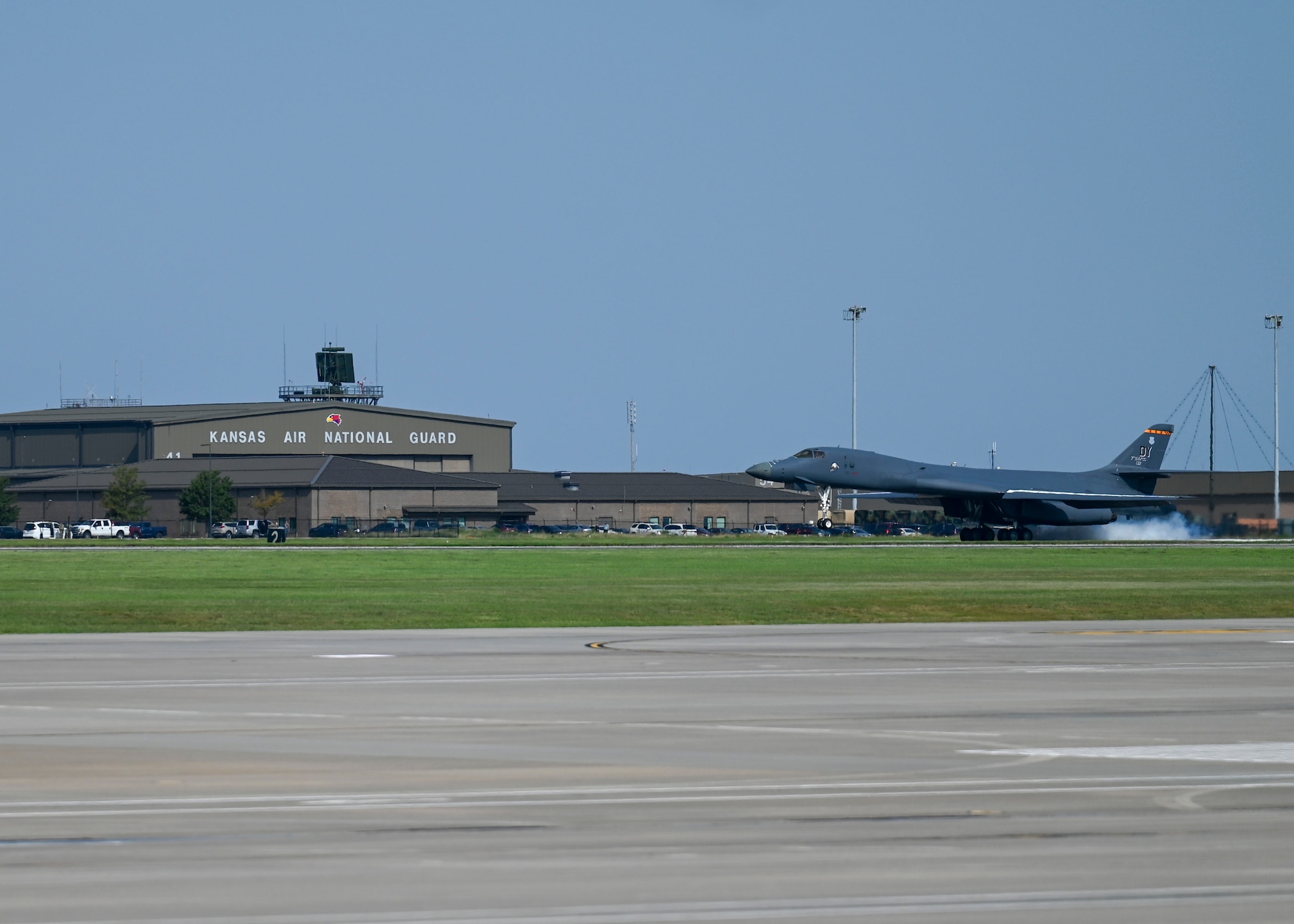 A B-1B Lancer performs a touch and go at McConnell Air Force Base, Kansas, Sept. 9, 2025. Wichita State University’s National Institute for Aviation Research (NIAR) will be working on the plane to repair its Forward Intermediate Fuselage (FIF). (U.S. Air Force photo by Senior Airman Paige Weldon)