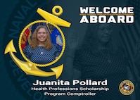 The Naval Medical Forces Development Command welcomes Juanita Pollard to the team as the Health Professions Scholarship Program comptroller with the command’s Resource Management directorate on Sept. 8, 2025. She will be focused on budgeting and executing $1.7 million for the HPSP, the Reserve Personnel and the Operations and Maintenance budgets. (U.S. Navy graphic by Malcolm McClendon).