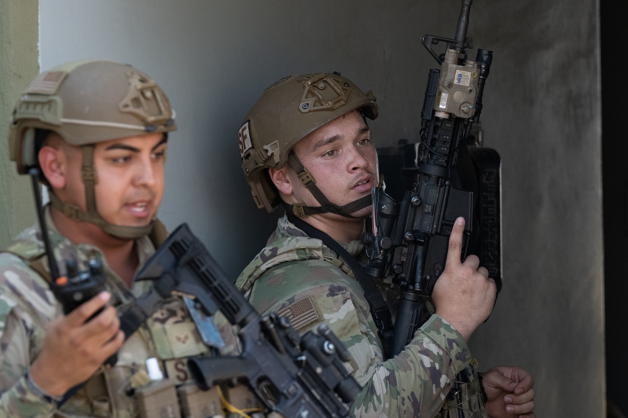 39th Security Forces Squadron Airmen prepare to enter a secured area during Exercise Titan Shield 25-09 at Incirlik Air Base, Türkiye, Sept. 9, 2025. The exercise trains and tests the 39th Air Base Wing’s ability to maintain operational effectiveness and respond to contingencies in contested environments. (U.S. Air Force photo by Senior Airman Greydon Furstenau)