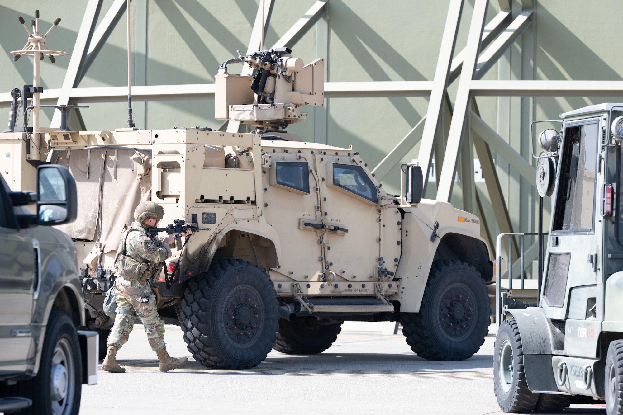 A 39th Security Forces Squadron Airman engages with adversaries during Exercise Titan Shield 25-09 at Incirlik Air Base, Türkiye, Sept. 9, 2025. The exercise trains and tests the 39th Air Base Wing’s ability to maintain operational effectiveness and respond to contingencies in contested environments. (U.S. Air Force photo by Senior Airman Greydon Furstenau)