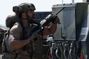 A 39th Security Forces Squadron Airman simulates engaging with adversaries during Exercise Titan Shield 25-09 at Incirlik Air Base, Türkiye, Sept. 9, 2025. The exercise trains and tests the 39th Air Base Wing’s ability to maintain operational effectiveness and respond to contingencies in contested environments. (U.S. Air Force photo by Senior Airman Greydon Furstenau)