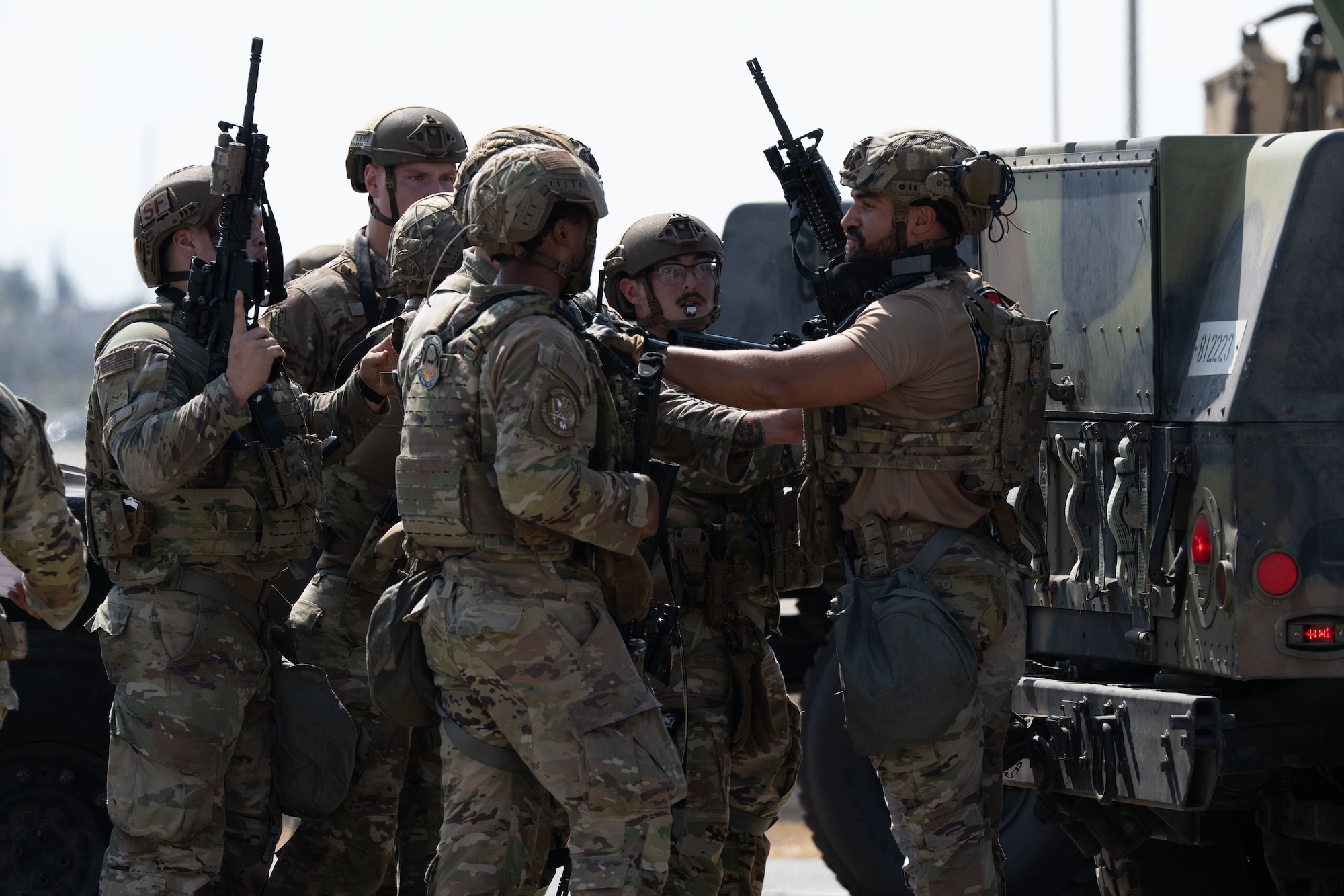 39th Security Forces Squadron Airmen prepare to engage with adversaries during Exercise Titan Shield 25-09 at Incirlik Air Base, Türkiye, Sept. 9, 2025. A simulated ground attack during the exercise challenged the 39th SFS to demonstrate their ability to defend the base and maintain mission readiness in critical conditions.(U.S. Air Force photo by Senior Airman Greydon Furstenau)
