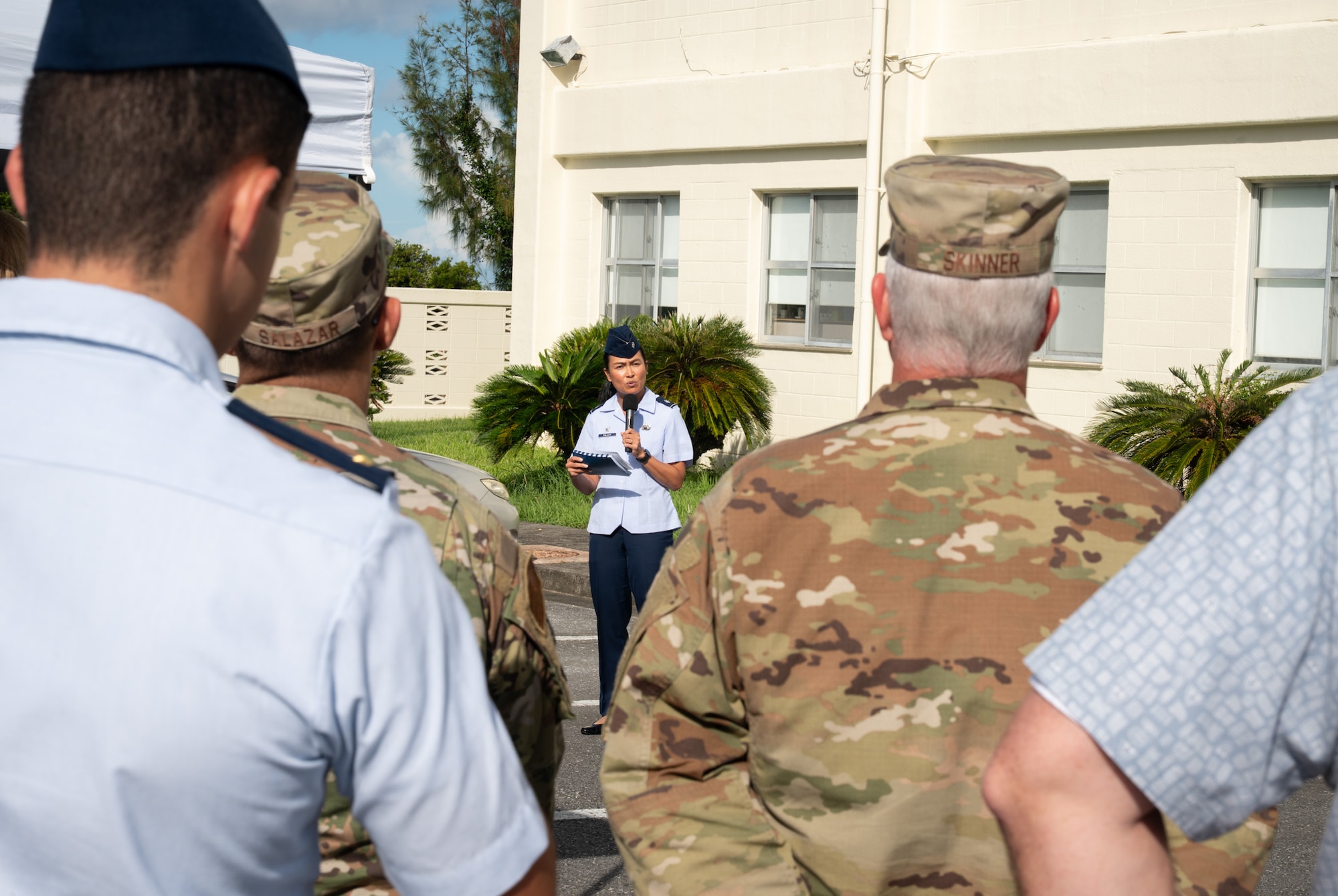U.S. Air Force Lt. Col. Rheesa Paluay gives a speech during an award ceremony.