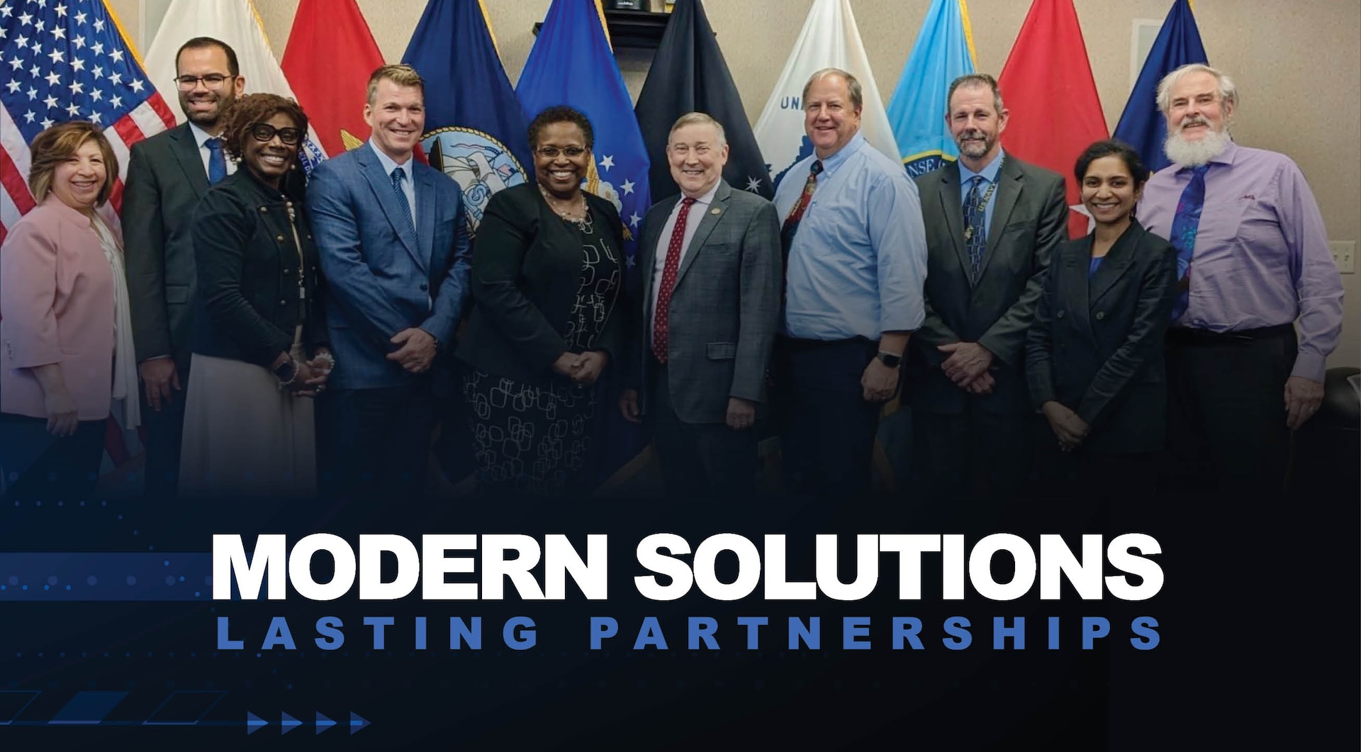 Group of people photo with text that reads: Modern Solutions Lasting Partnerships.