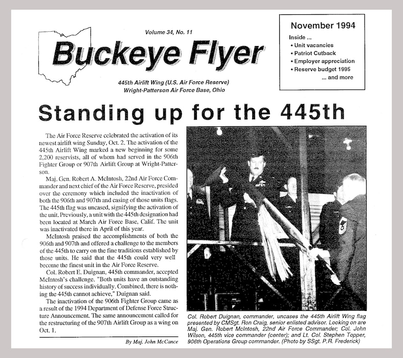 Front page of the November 1994 Buckeye Flyer when the 445th Airlift Wing stood up at Wright-Patterson Air Force Base. (U.S. Air Force photo by 445th Airlift Wing Public Affairs)