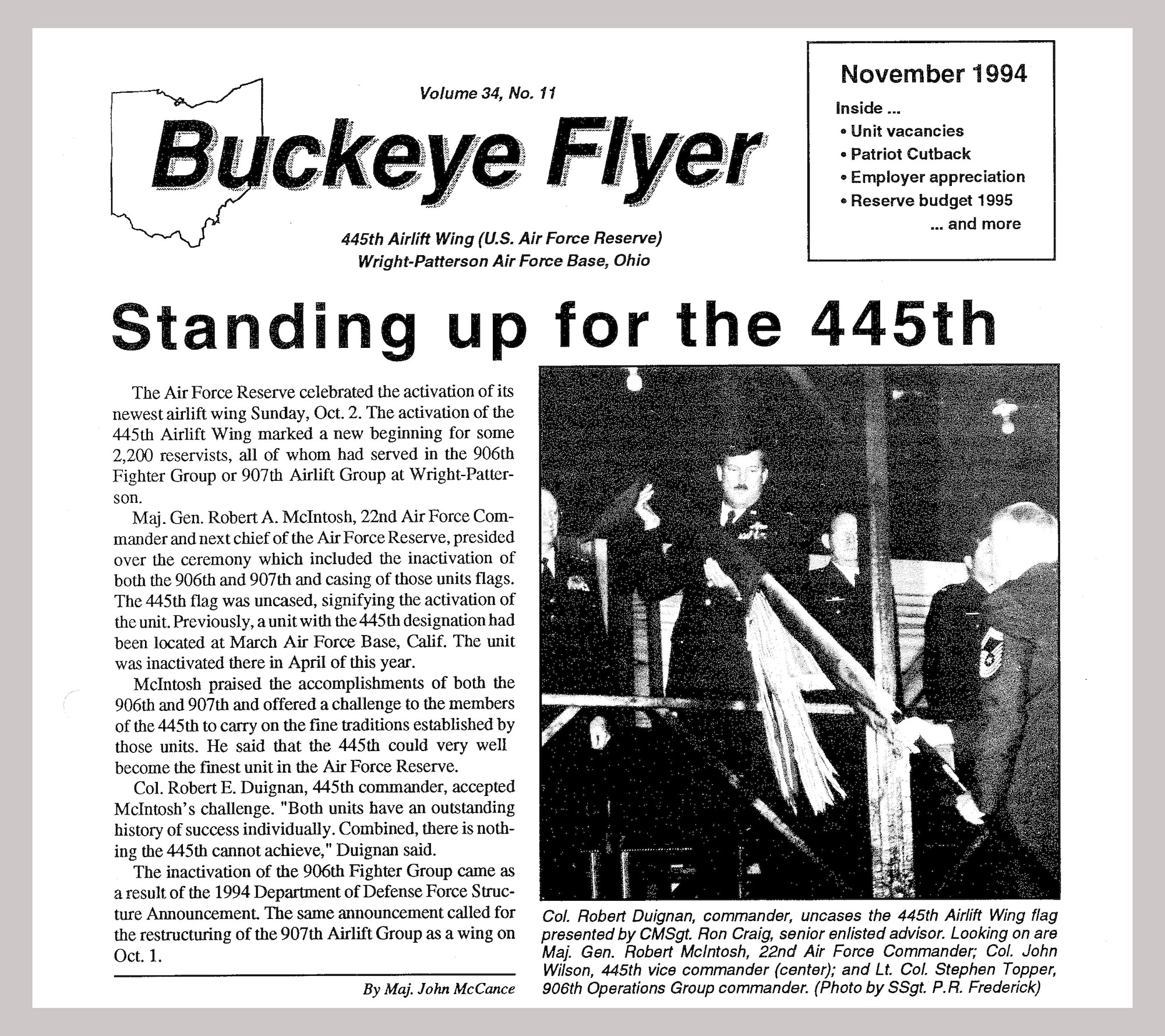 Front page of the November 1994 Buckeye Flyer when the 445th Airlift Wing stood up at Wright-Patterson Air Force Base. (U.S. Air Force photo by 445th Airlift Wing Public Affairs)
