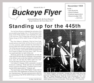 Front page of the November 1994 Buckeye Flyer when the 445th Airlift Wing stood up at Wright-Patterson Air Force Base. (U.S. Air Force photo by 445th Airlift Wing Public Affairs)