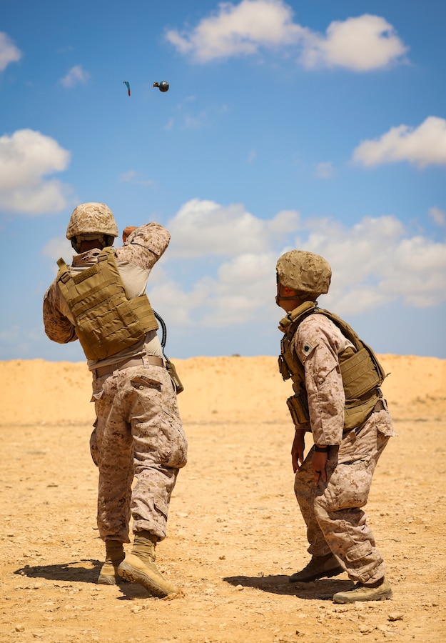 U.S. Marines with 4th Marine Division conduct familiarization training prior to a live-fire grenade range during BRIGHT STAR 25 at Mohamed Naguib Military Base (MNMB), Egypt, Sept. 7, 2025. Exercise BRIGHT STAR 25 is a multilateral U.S. Central Command (USCENTCOM) command-post exercise, field training exercise and senior leader seminar, held in the Arab Republic of Egypt along with other partner nations. Participation strengthens military-to-military relationships between U.S. forces and our Egyptian partners in the USCENTCOM area of responsibility, as well as other participating nations. The exercise enhances regional security and stability by responding to modern-day security scenarios. (U.S. Marine Corps photo by Sgt. Angela Wilcox)