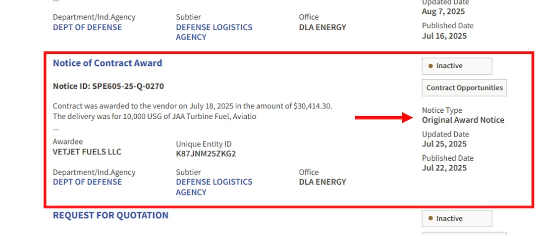 DLA Energy Direct Delivery PC&S SAM.gov solicitation highlighting Notice Type Original Award Notice.