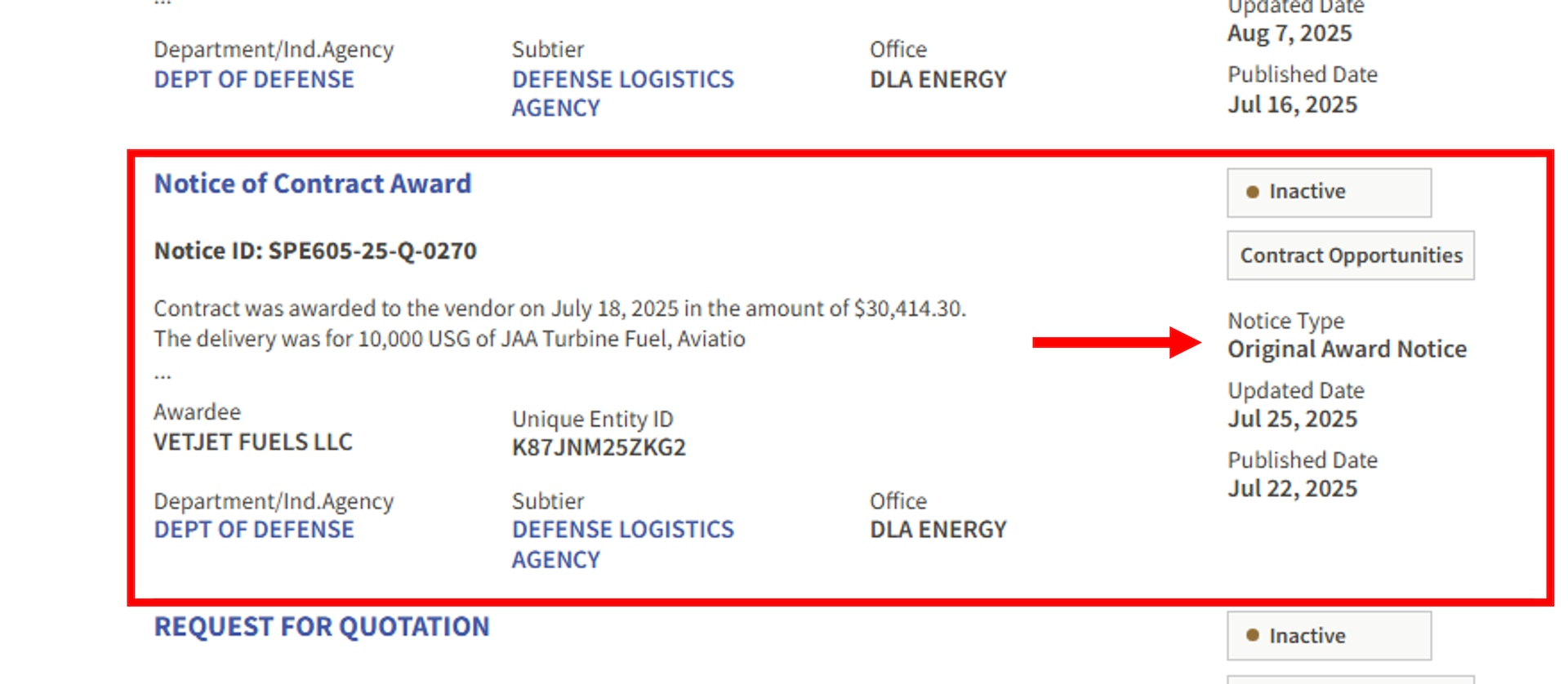 DLA Energy Direct Delivery PC&S SAM.gov solicitation highlighting Notice Type Original Award Notice.