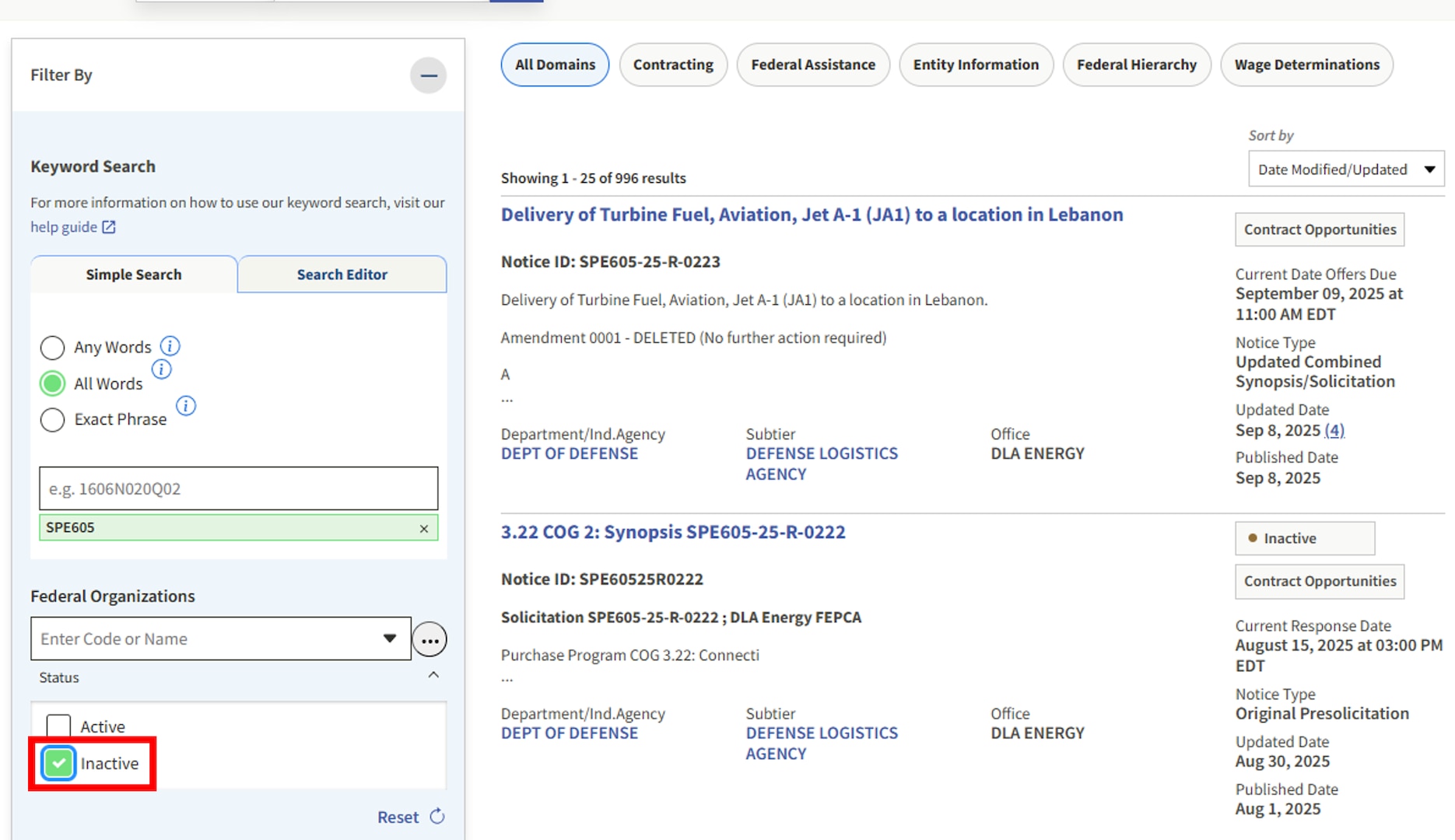 DLA Energy Direct Delivery PC&S SAM.gov solicitations filtered on inactive status.