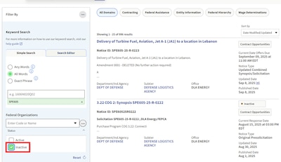 DLA Energy Direct Delivery PC&S SAM.gov solicitations filtered on inactive status.
