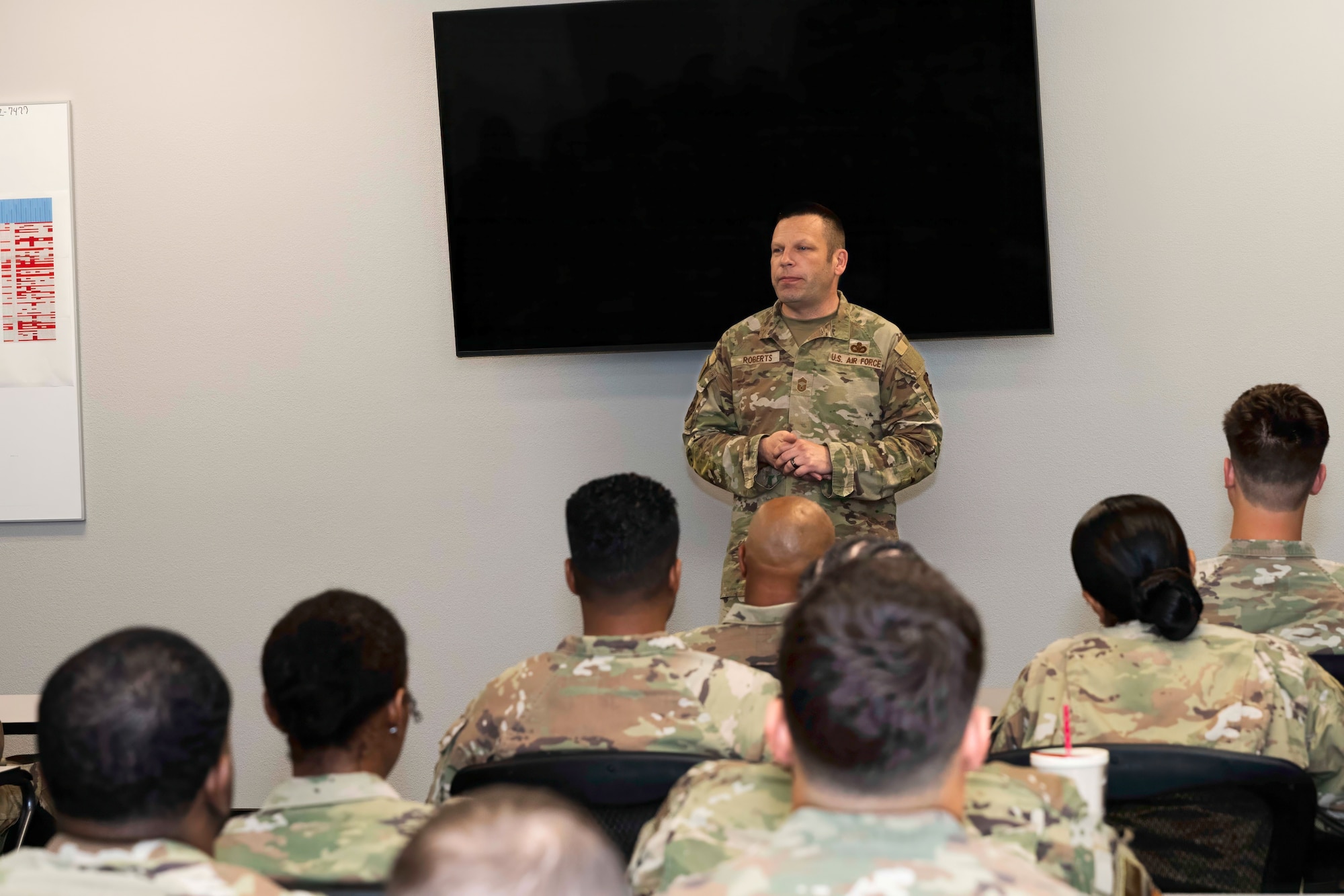 U.S. Air Force Chief Master Sgt. Michael Roberts, Air Force Reserve Command Security Forces senior enlisted leader, addresses the 307th SFS
