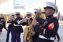 U.S. Marine Corps Sgt. Kenneth Valentine, a saxophone instrumentalist with the 2nd Marine Aircraft Wing Band, brass band, assigned to Special Purpose Marine Air-Ground Task Force-250 performs at the static display during Marine Week Atlanta, Aug. 30, 2025. Marines stationed across the globe commemorate the 250th anniversary of the Marine Corps, honoring a distinguished legacy of service, sacrifice, and unwavering fidelity to both the nation and the Corps. (U.S. Marine Corps photo by Staff Sgt. Matthew Booth)