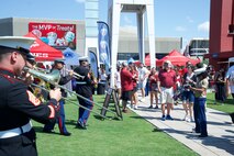 U.S. Marines with the 2nd Marine Aircraft Wing Band, brass band, assigned to Special Purpose Marine Air-Ground Task Force-250 perform at the static display during Marine Week Atlanta, Aug. 31, 2025. Marines stationed across the globe commemorate the 250th anniversary of the Marine Corps, honoring a distinguished legacy of service, sacrifice, and unwavering fidelity to both the nation and the Corps. (U.S. Marine Corps photo by Cpl. Tannah Morris)