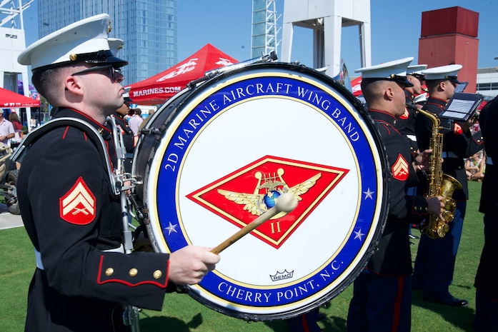 U.S. Marine Corps Cpl. Anthony Russo, a percussion instrumentalist with the 2nd Marine Aircraft Wing Band, assigned to Special Purpose Marine Air-Ground Task Force-250 performs at the static display during Marine Week Atlanta, Aug. 31, 2025. Marines stationed across the globe commemorate the 250th anniversary of the Marine Corps, honoring a distinguished legacy of service, sacrifice, and unwavering fidelity to both the nation and the Corps. (U.S. Marine Corps photo by Cpl. Tannah Morris)