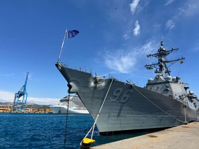 CIVITAVECCHIA, Italy (August 3, 2025) - Arleigh Burke-class guided-missile destroyer USS Bainbridge (DDG 96) arrives in Civitavecchia, Italy, for a scheduled port visit, August 3, 2025. Bainbridge, a part of Destroyer Squadron Two and Carrier Strike Group Twelve, is on a scheduled deployment in the U.S. 6th Fleet area of operations to support the warfighting effectiveness, lethality, and readiness of U.S. Naval Forces Europe-Africa, and defend U.S., Allied and partner interests in the region. (U.S. Navy Courtesy photo)
