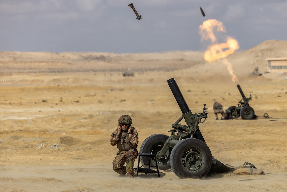Service members of the Italian Navy assigned to Brigade Marine San Marco fire 120mm mortar rounds from MO-120 RT-F1 heavy mortar systems during exercise BRIGHT STAR 25 at Mohamed Naguib Military Base (MNMB), Egypt, Sep. 7, 2025. BRIGHT STAR 25 enhances readiness and builds our partners’ capacity to operate seamlessly together while improving interoperability in a joint operations environment. (U.S. Army Photo by Joseph Kumzak)